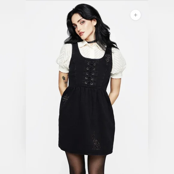 Black Lace-Up Dress with Embroidered Details - Picture 1 of 10